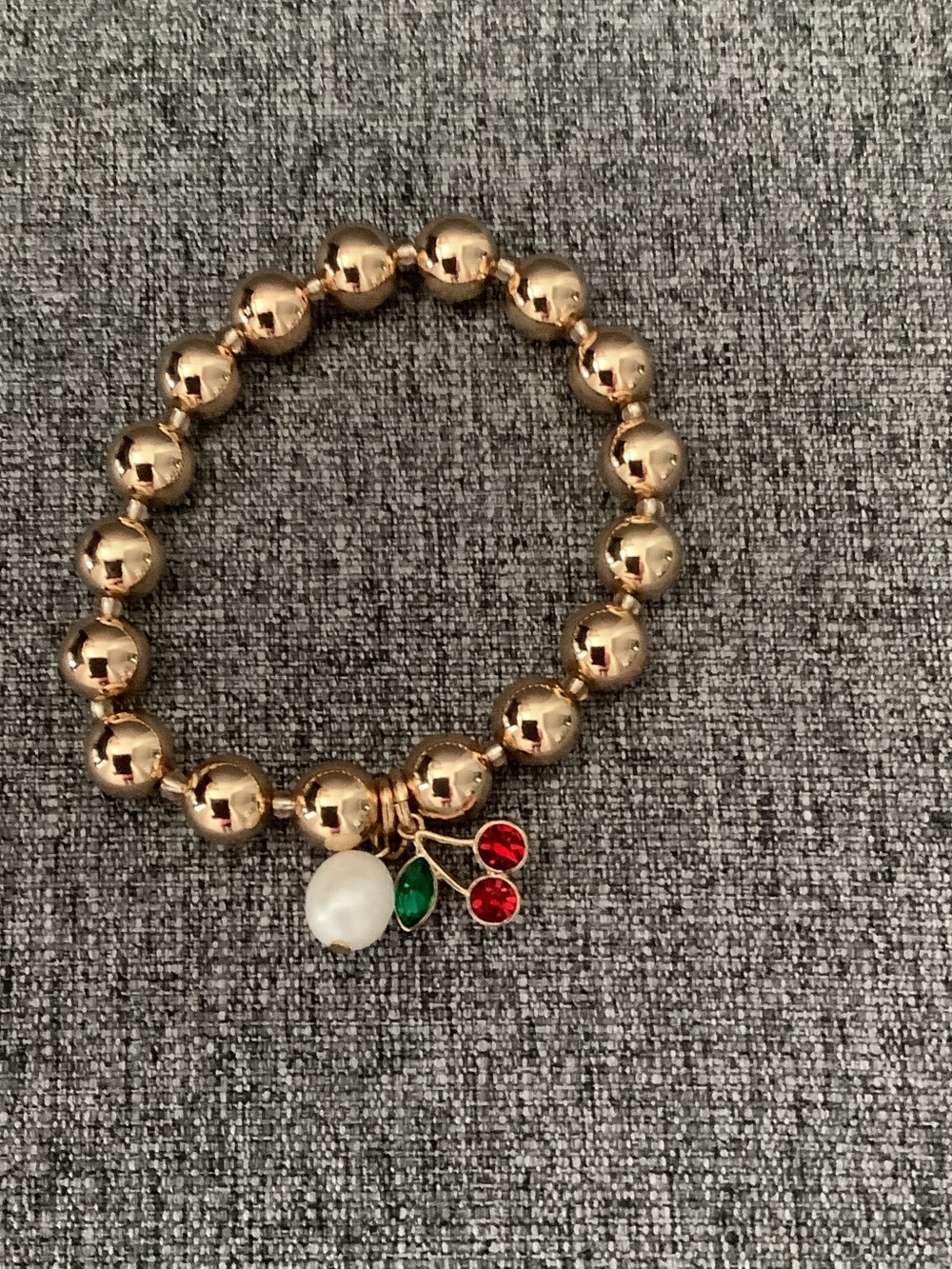 Park Lane Gold-Tone Beaded Bracelet with Red Cherry, Green Leaf and Pearl Charm